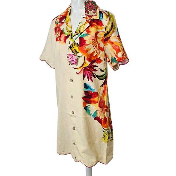 Farm Rio x Anthropologie Scalloped Shirt Dress, Linen Blend, Floral, Resort, XL - Picture 10 of 11